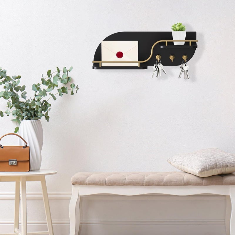 Karisky Key Holder for Wall, Decorative Key and Mail Organizer with 3 Metal Hooks and 2 Shelves, Wood Wall Mounted Key Rack for Entryway, Black - Image 3